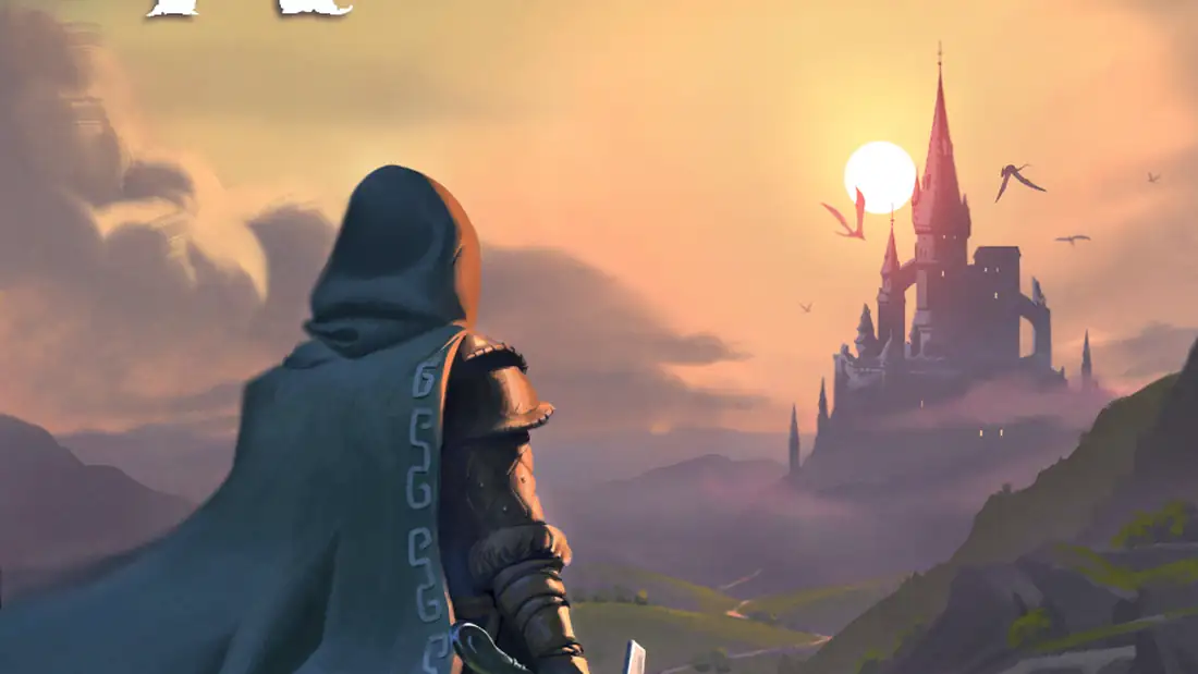Εικαστικό του Path of Adventure: ταξιδιώτης κοιτάζει κάστρο στο ηλιοβασίλεμα
